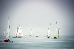 ice sailing European Championship on Lake Balaton / Hungary, The participants of the regatta are on the way to the turning point after the starting signal ice sailing European Championship on Lake Balaton / Hungary, The participants of the regatta are on the way to the turning point after the starting signal